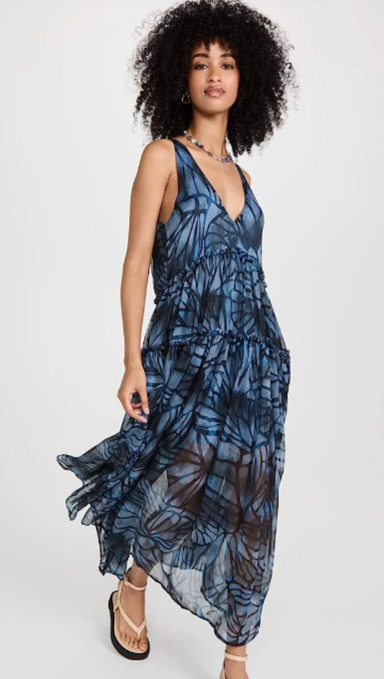 NWOT Free People Julianna Maxi Dress M Blue Floral Tiered Boho Sheer Lined